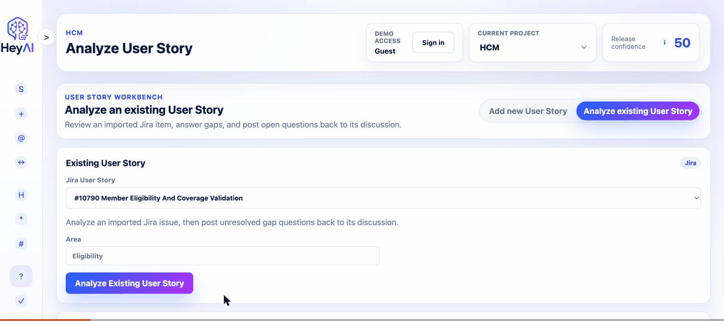 HeyAI analyzing an existing user story and surfacing readiness gaps