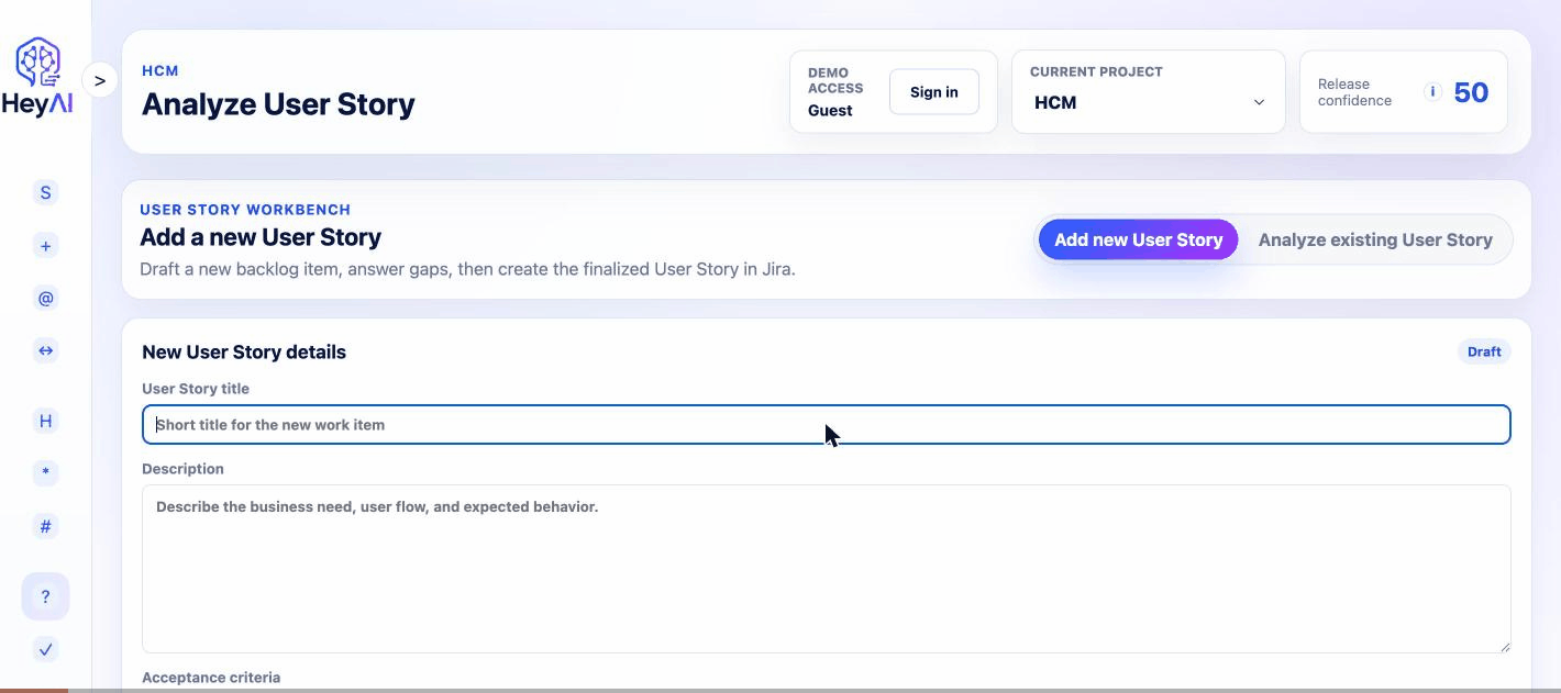 New user story analysis flow in HeyAI